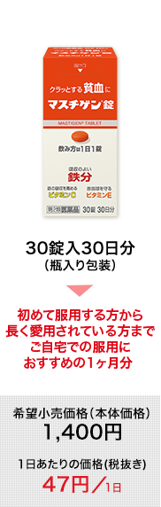 30錠入30日分（瓶入り包装）：初めて服用する方から長く愛用されている方まで。ご自宅での常備用にもおすすめ。希望小売価格（本体価格）1,400円（1日あたりの価格47円／1日）