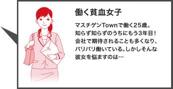 働く貧血女子：マスチゲンTownで働く25歳。知らず知らずのうちにもう3年目！会社で期待されることも多くなり、バリバリ働いている。しかしそんな彼女を悩ますのは…